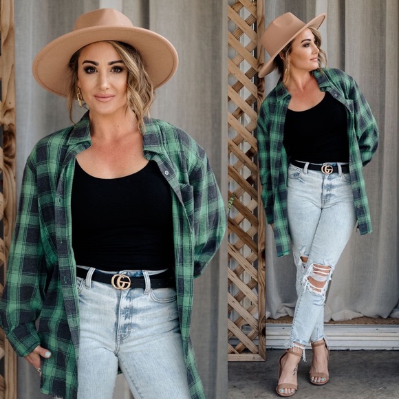 Green button up plaid black flannel long sleeve - Picture 2 of 4